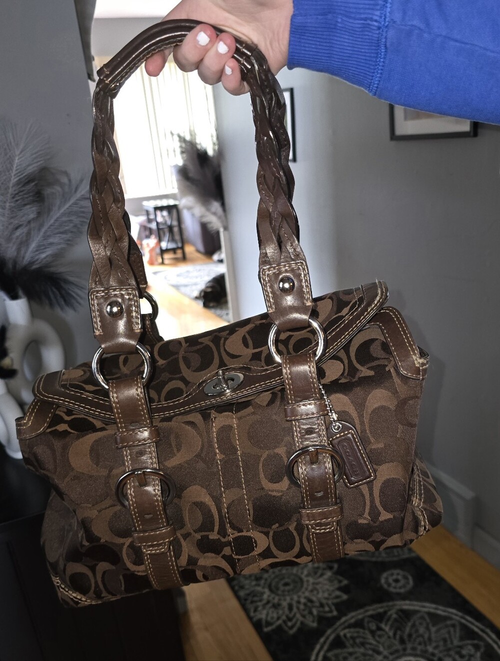Coach Chelsea Turnlock Signature Canvas Shoulder Bag with Braided Handles